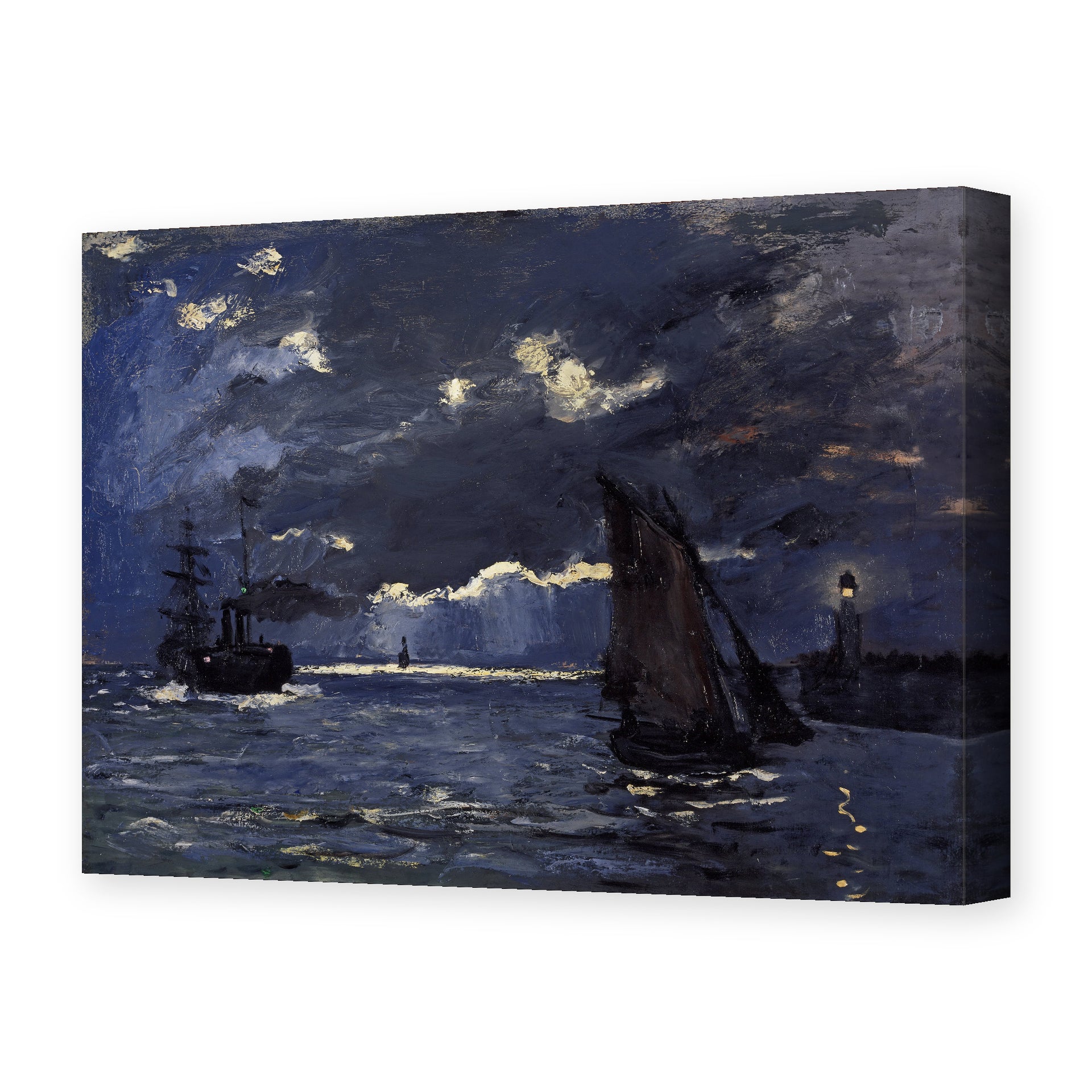 Claude Monet's 'A Seascape, Shipping by Moonlight' painting reproduced as a gallery-wrapped canvas print