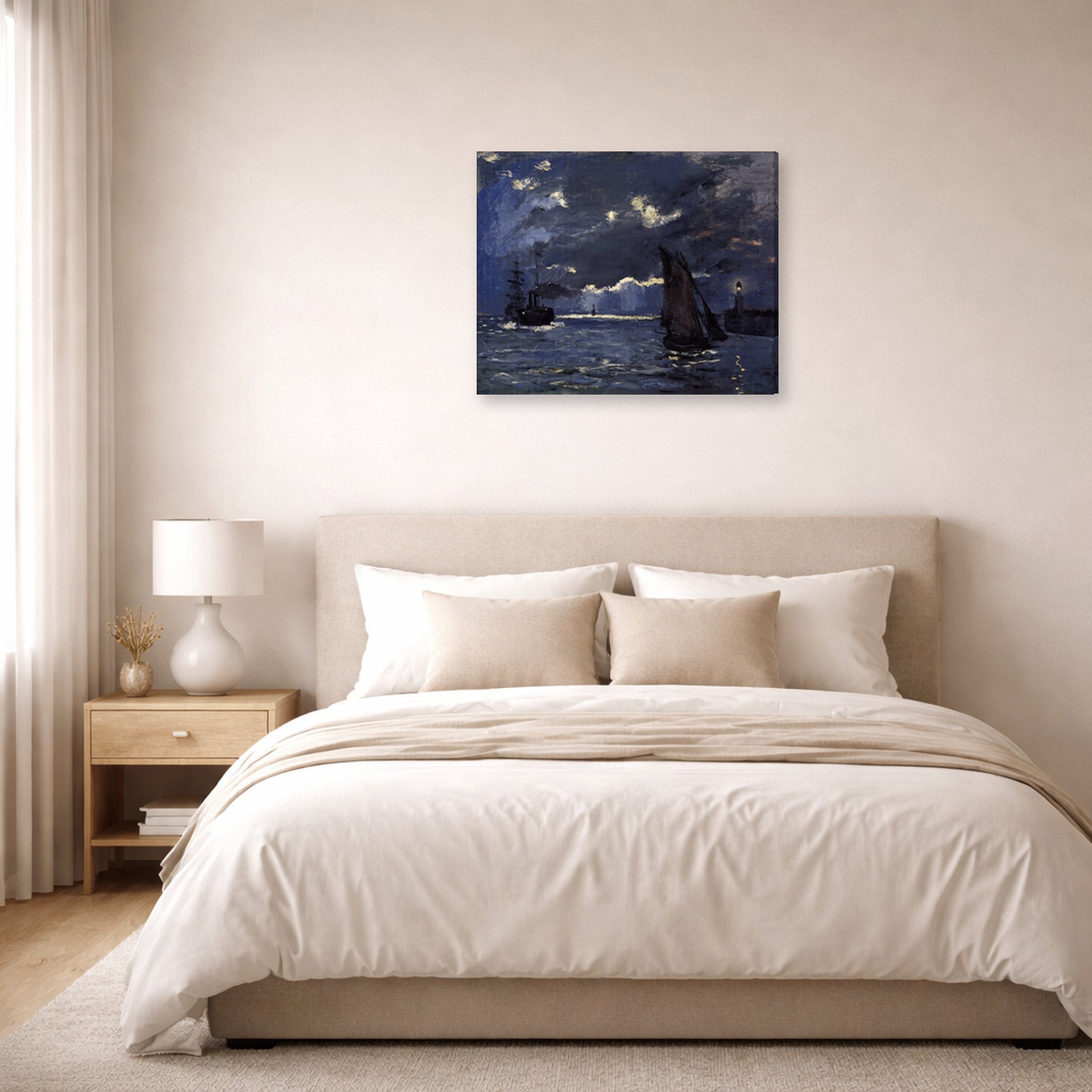 Gallery-wrapped canvas print of Claude Monet's 'A Seascape, Shipping by Moonlight' displayed on a wall in a bedroom