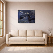 Gallery-wrapped canvas print of Claude Monet's 'A Seascape, Shipping by Moonlight' displayed on a wall in a living room