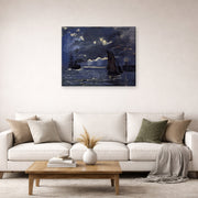 Gallery-wrapped canvas print of Claude Monet's 'A Seascape, Shipping by Moonlight' displayed on a wall in a living room