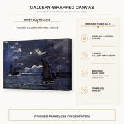 Claude Monet - A Seascape, Shipping by Moonlight gallery wrap canvas construction and hanging details infographic