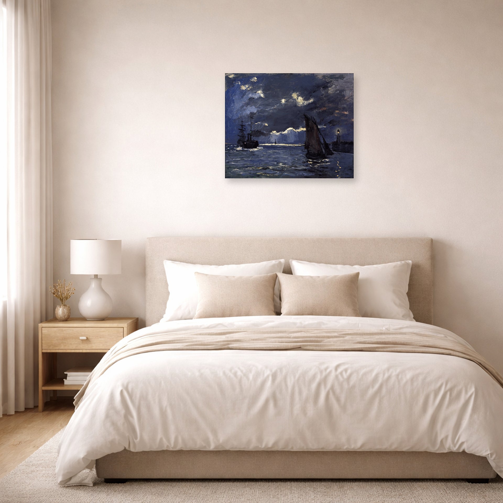 Unframed poster print of Claude Monet's 'A Seascape, Shipping by Moonlight' displayed on a wall in a bedroom
