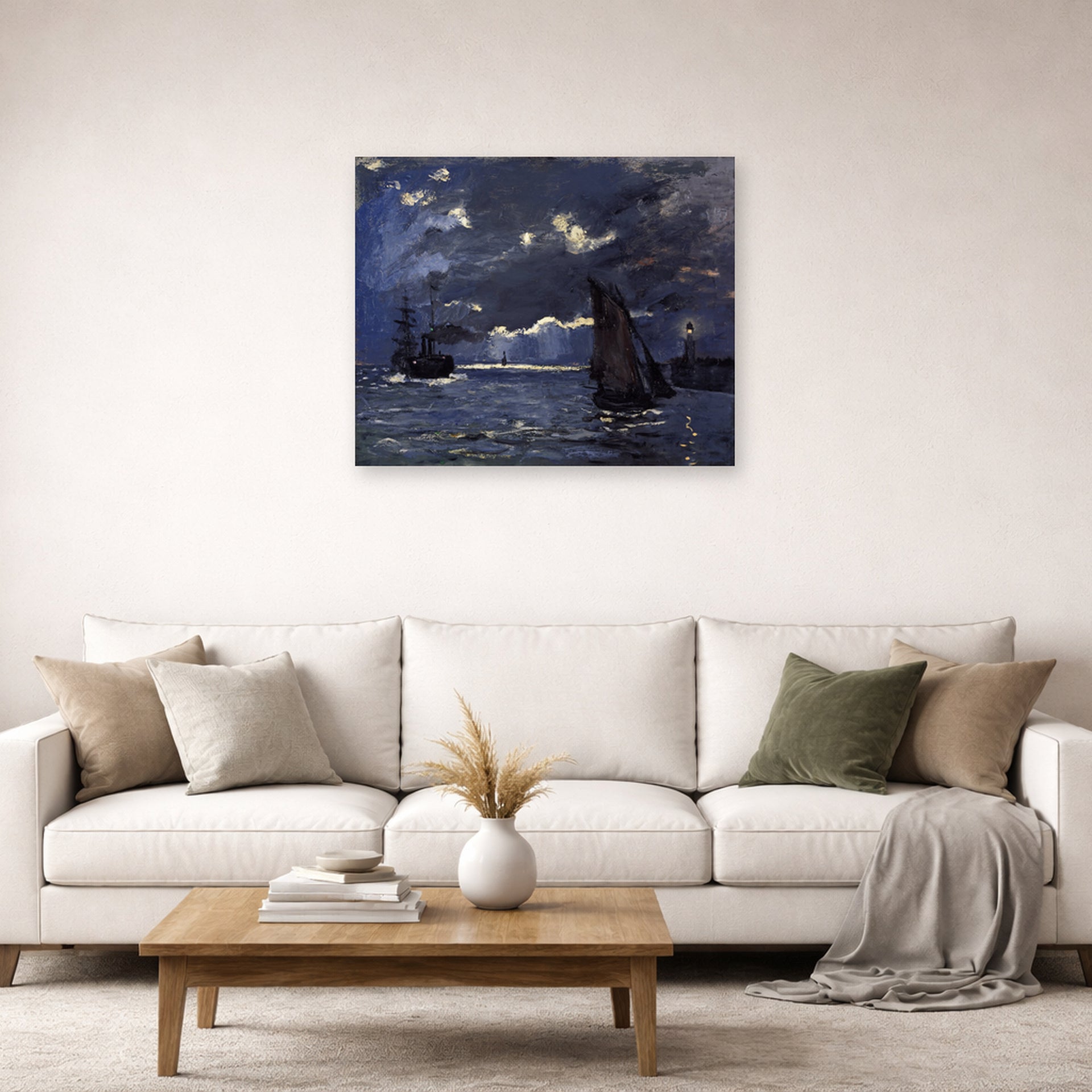 Unframed poster print of Claude Monet's 'A Seascape, Shipping by Moonlight' displayed on a wall in a living room