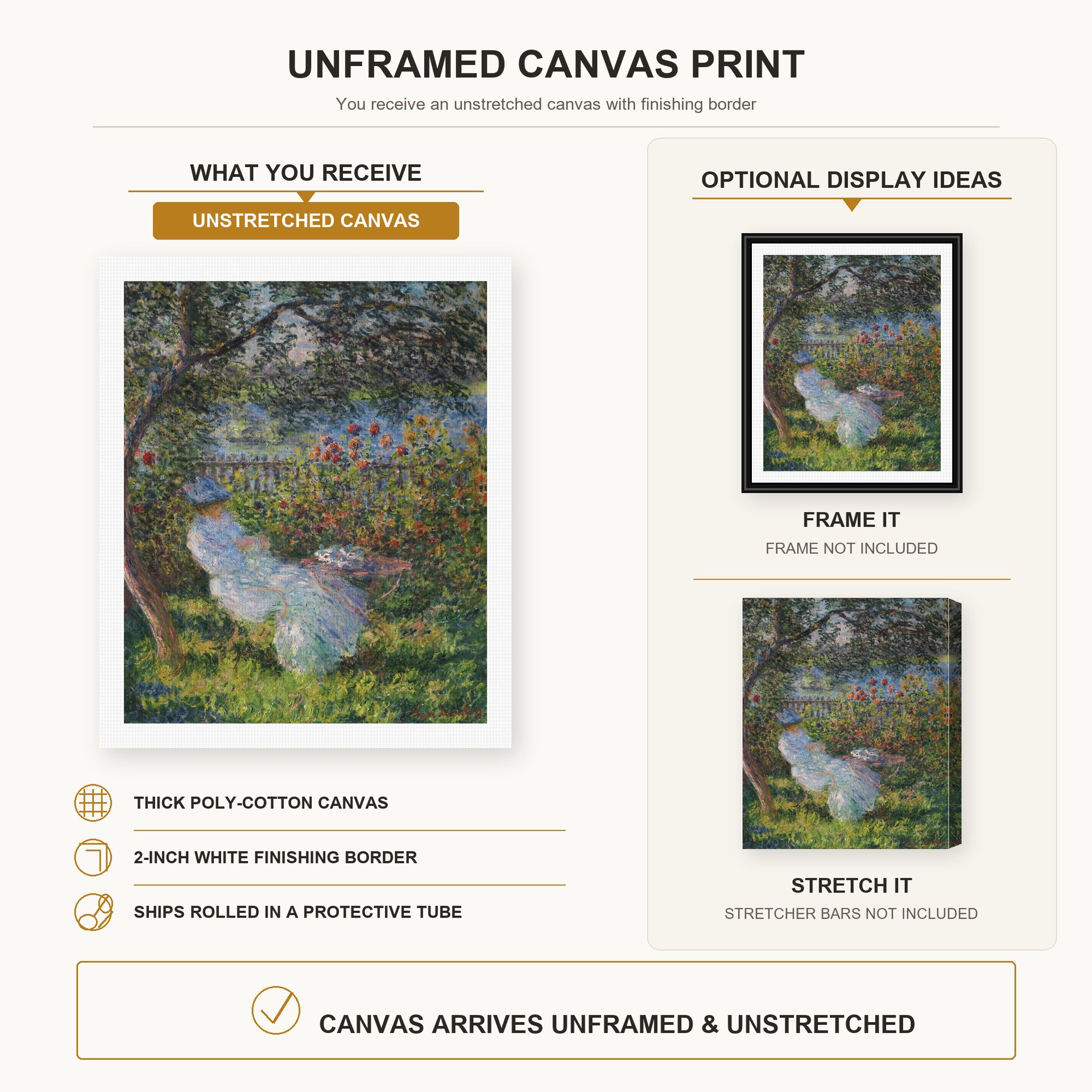 Claude Monet - Alice Hoschede in the Garden canvas print size comparison and framing display infographic