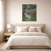 Gallery-wrapped canvas print of Claude Monet's 'Alice Hoschede in the Garden' displayed on a wall in a bedroom