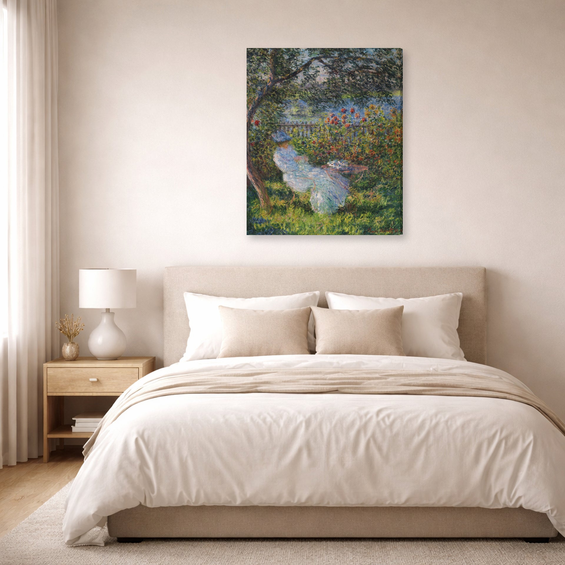 Gallery-wrapped canvas print of Claude Monet's 'Alice Hoschede in the Garden' displayed on a wall in a bedroom