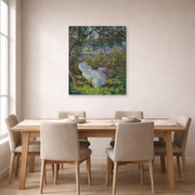 Gallery-wrapped canvas print of Claude Monet's 'Alice Hoschede in the Garden' displayed on a wall in a dining room