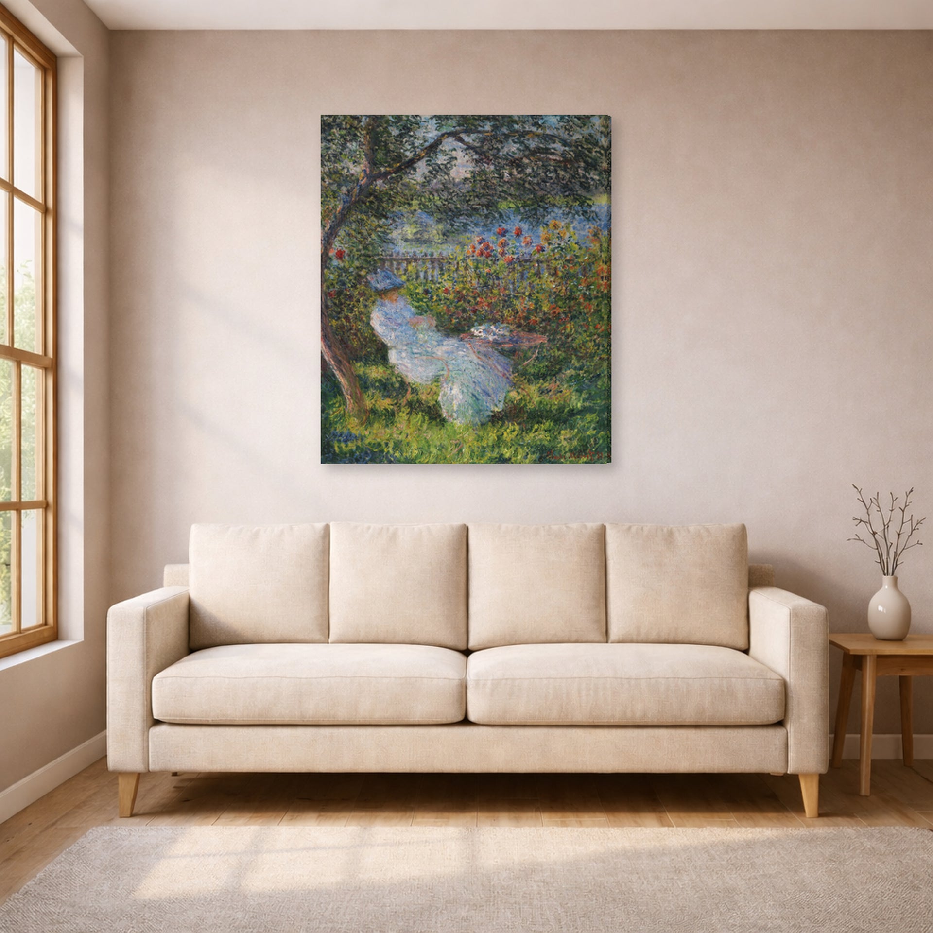 Gallery-wrapped canvas print of Claude Monet's 'Alice Hoschede in the Garden' displayed on a wall in a living room