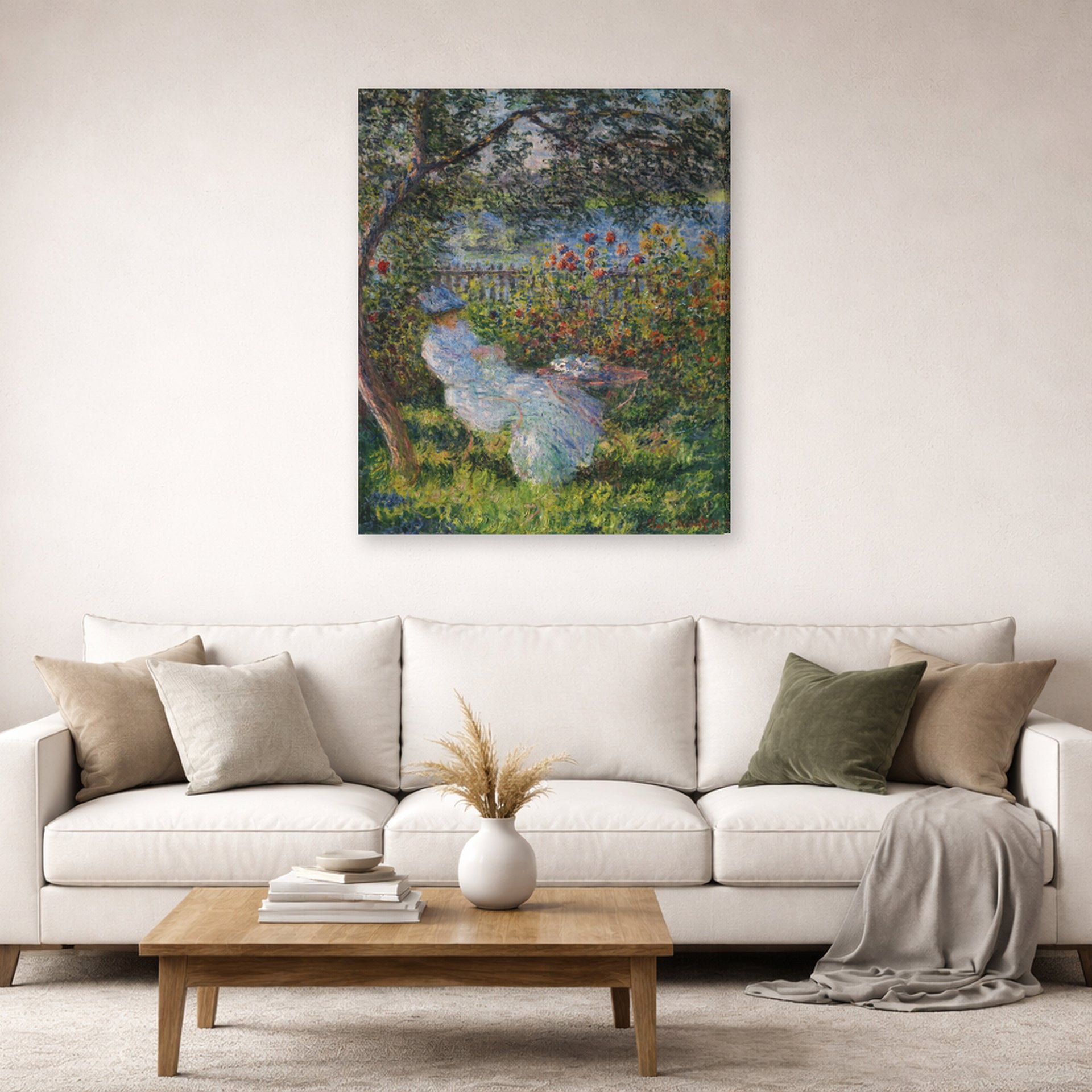 Gallery-wrapped canvas print of Claude Monet's 'Alice Hoschede in the Garden' displayed on a wall in a living room