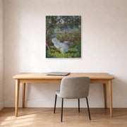 Gallery-wrapped canvas print of Claude Monet's 'Alice Hoschede in the Garden' displayed on a wall in a office