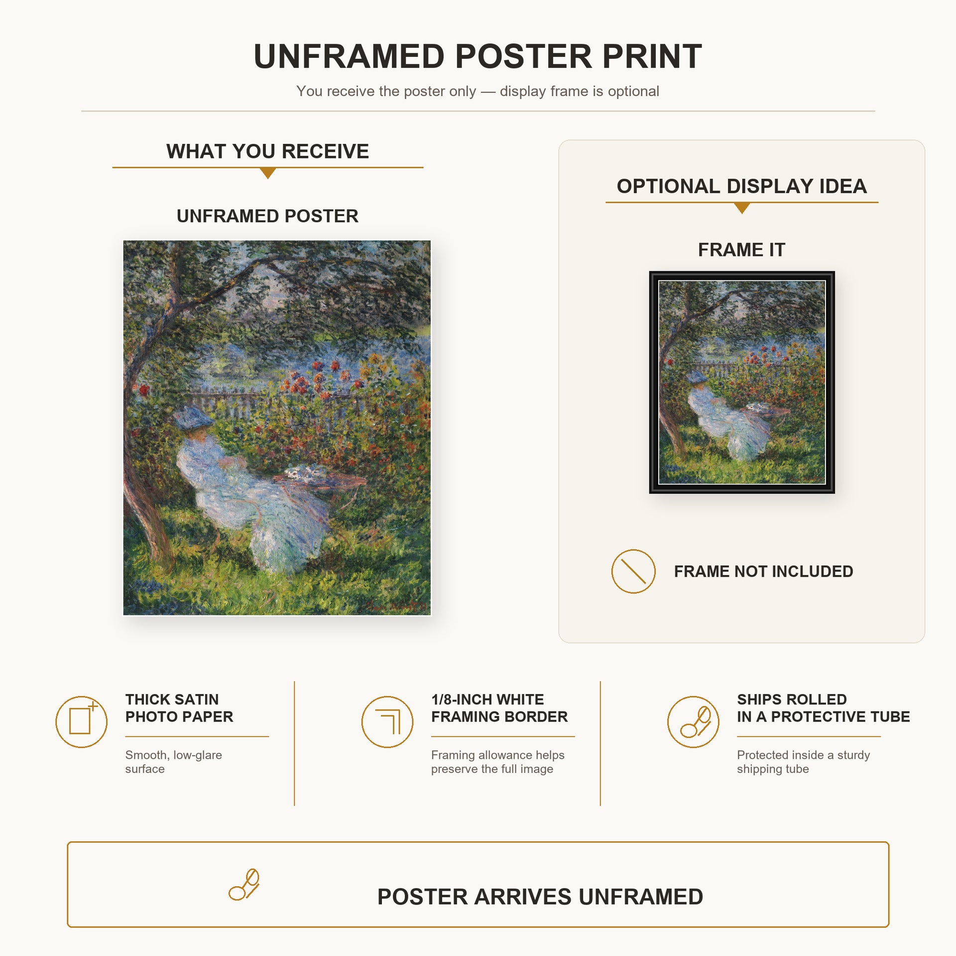 Claude Monet - Alice Hoschede in the Garden poster print size comparison and framing display infographic