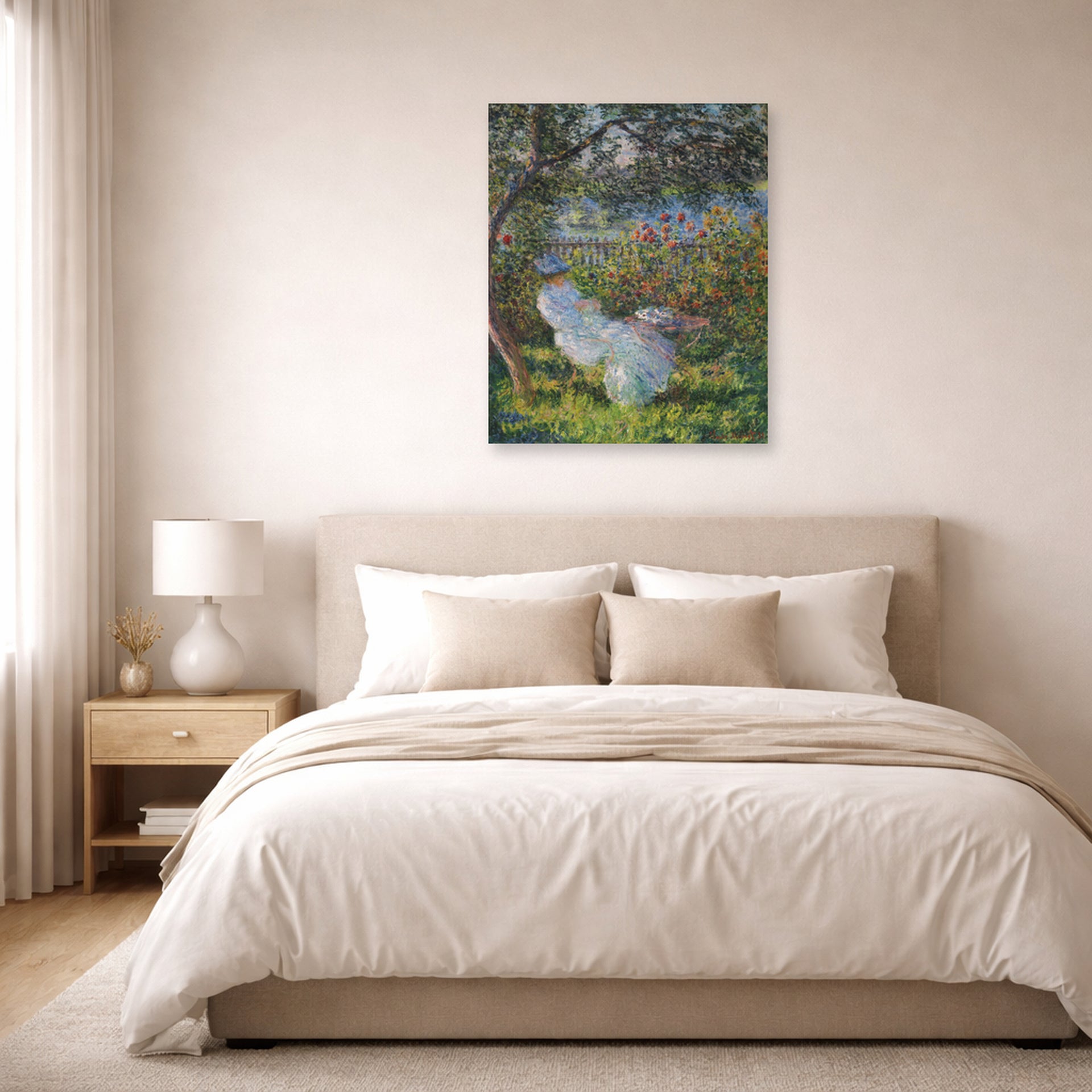 Unframed poster print of Claude Monet's 'Alice Hoschede in the Garden' displayed on a wall in a bedroom