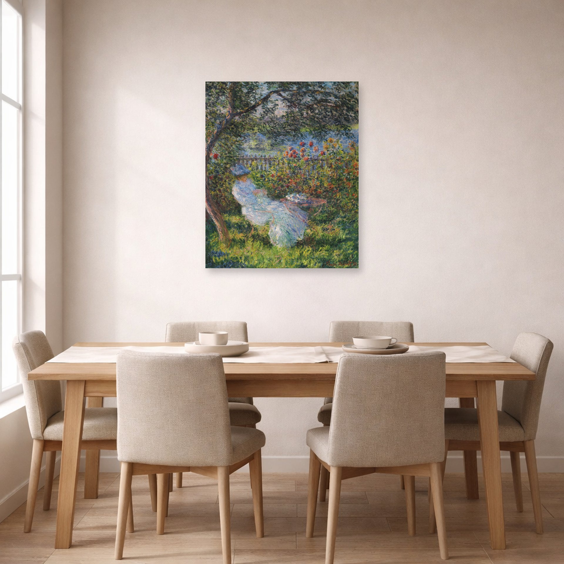 Unframed poster print of Claude Monet's 'Alice Hoschede in the Garden' displayed on a wall in a dining room