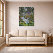 Unframed poster print of Claude Monet's 'Alice Hoschede in the Garden' displayed on a wall in a living room
