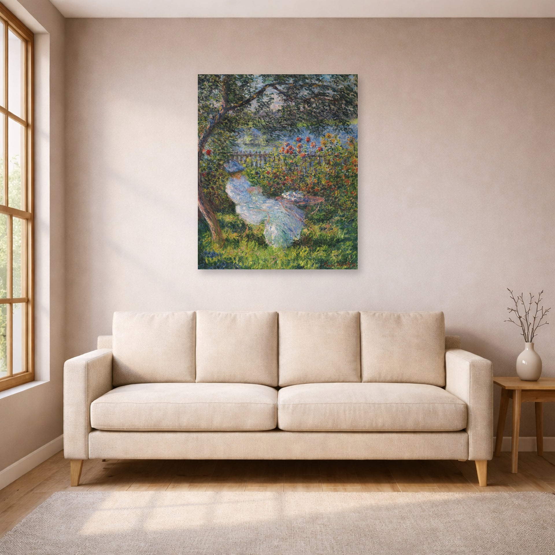 Unframed poster print of Claude Monet's 'Alice Hoschede in the Garden' displayed on a wall in a living room
