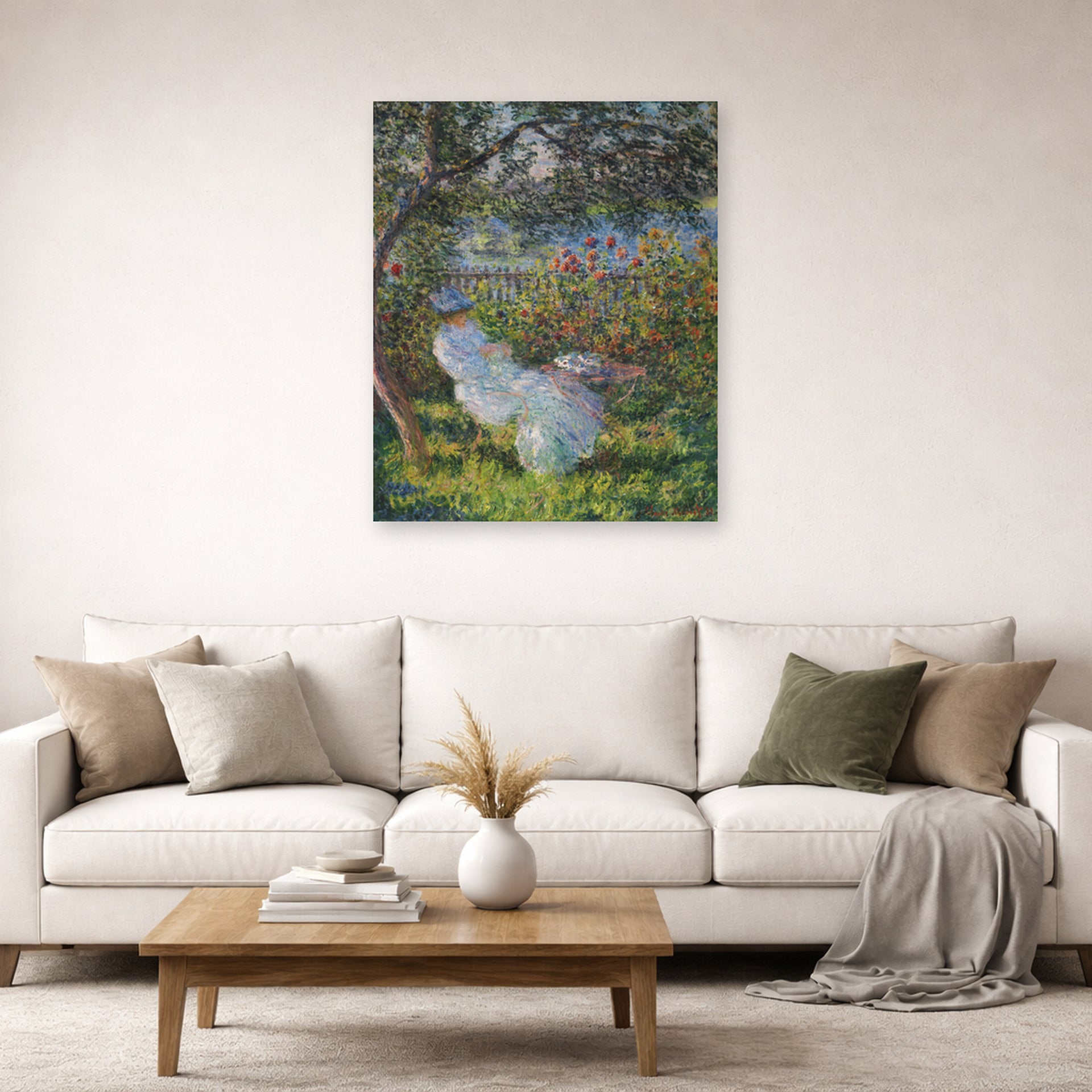 Unframed poster print of Claude Monet's 'Alice Hoschede in the Garden' displayed on a wall in a living room