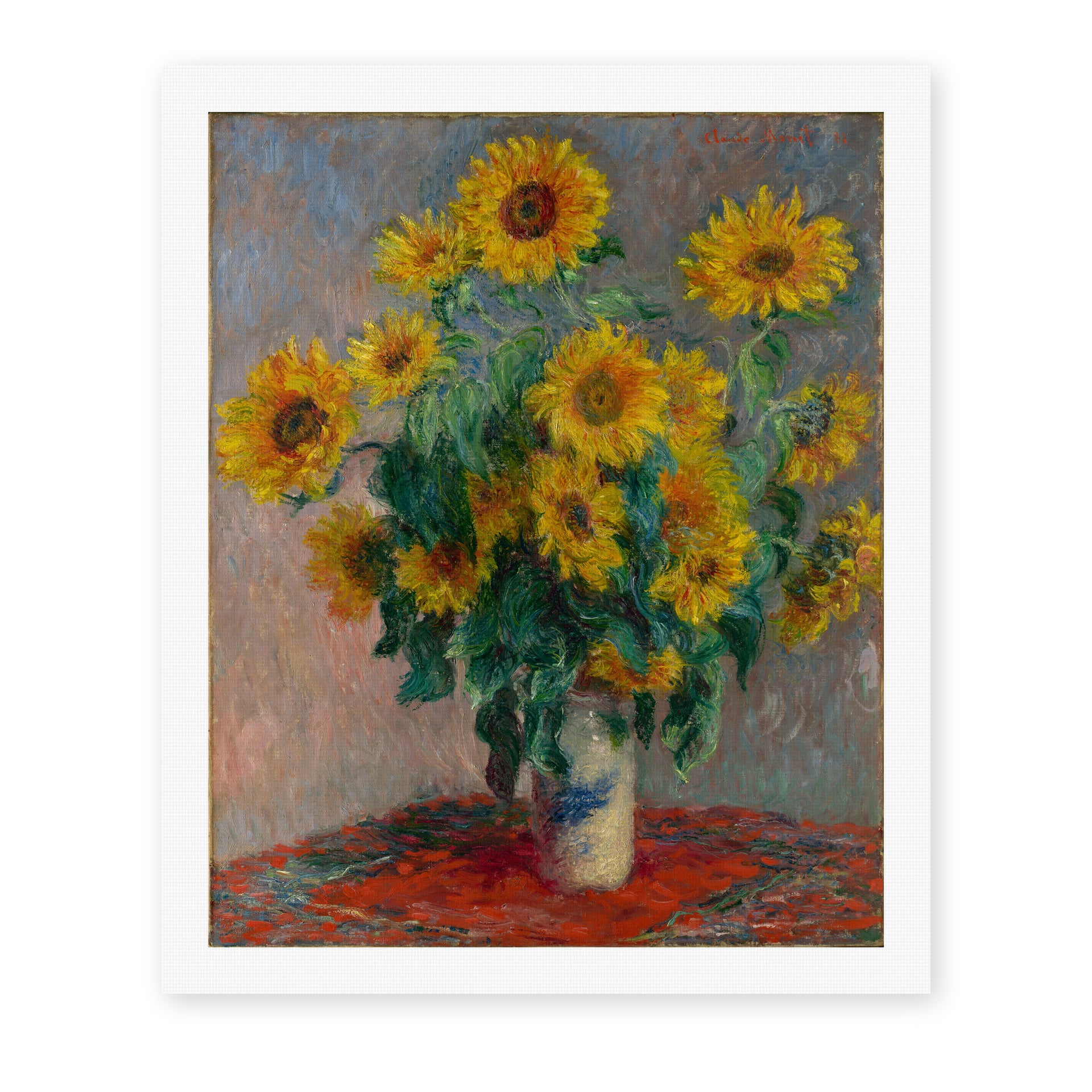 Claude Monet's 'Bouquet of Sunflowers' painting reproduced as a rolled canvas print