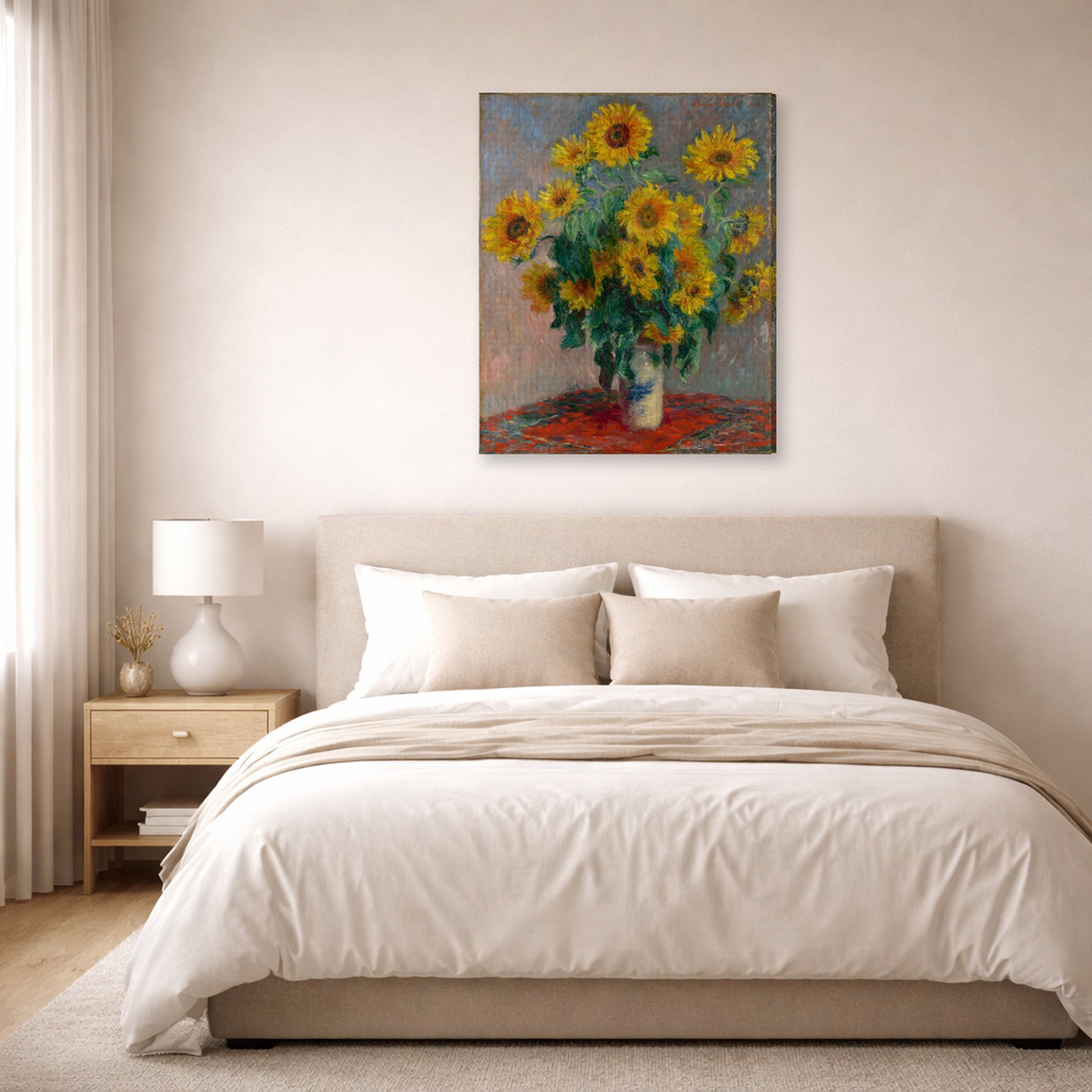 Gallery-wrapped canvas print of Claude Monet's 'Bouquet of Sunflowers' displayed on a wall in a bedroom