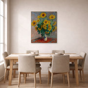 Gallery-wrapped canvas print of Claude Monet's 'Bouquet of Sunflowers' displayed on a wall in a dining room
