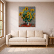 Gallery-wrapped canvas print of Claude Monet's 'Bouquet of Sunflowers' displayed on a wall in a living room