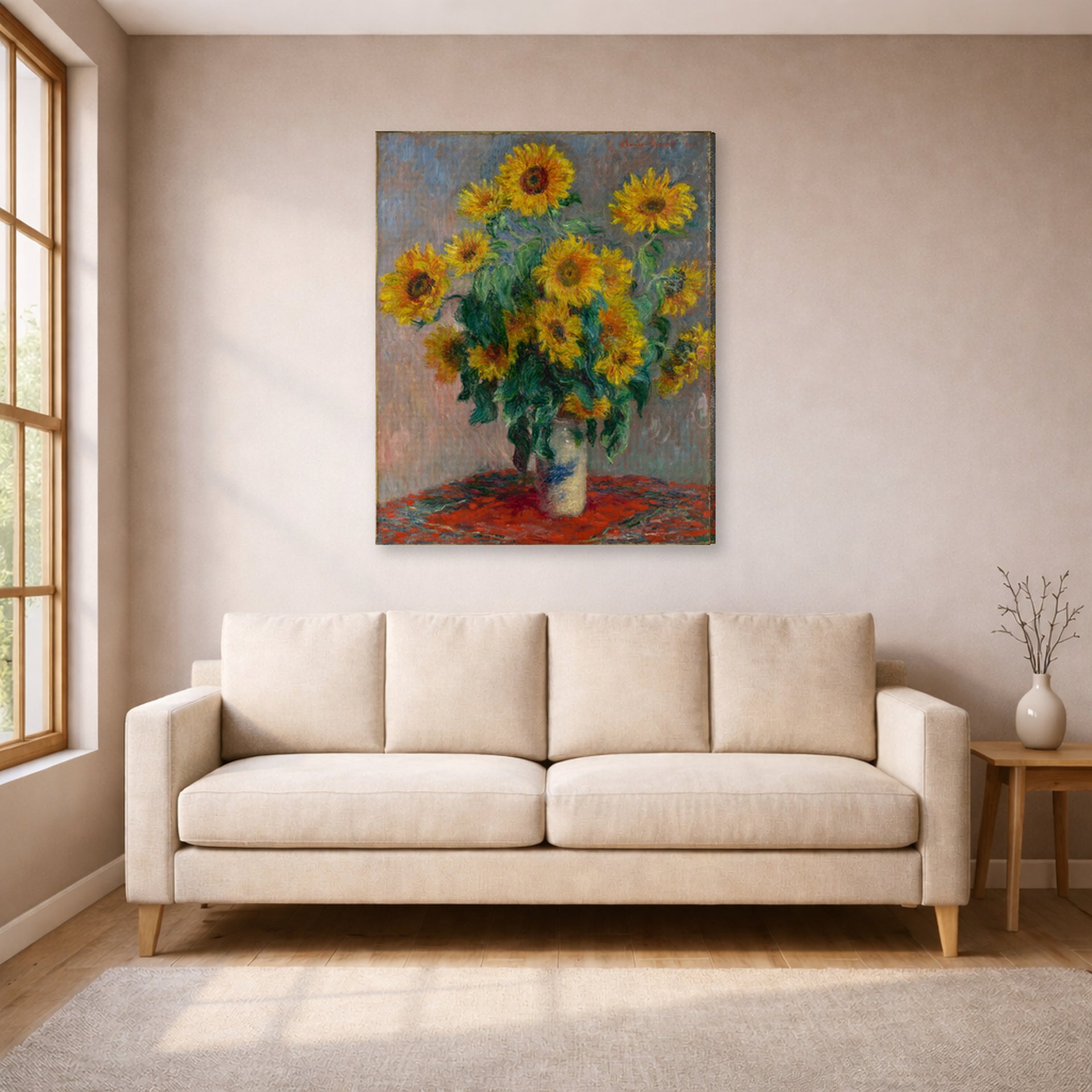 Gallery-wrapped canvas print of Claude Monet's 'Bouquet of Sunflowers' displayed on a wall in a living room