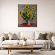 Gallery-wrapped canvas print of Claude Monet's 'Bouquet of Sunflowers' displayed on a wall in a living room