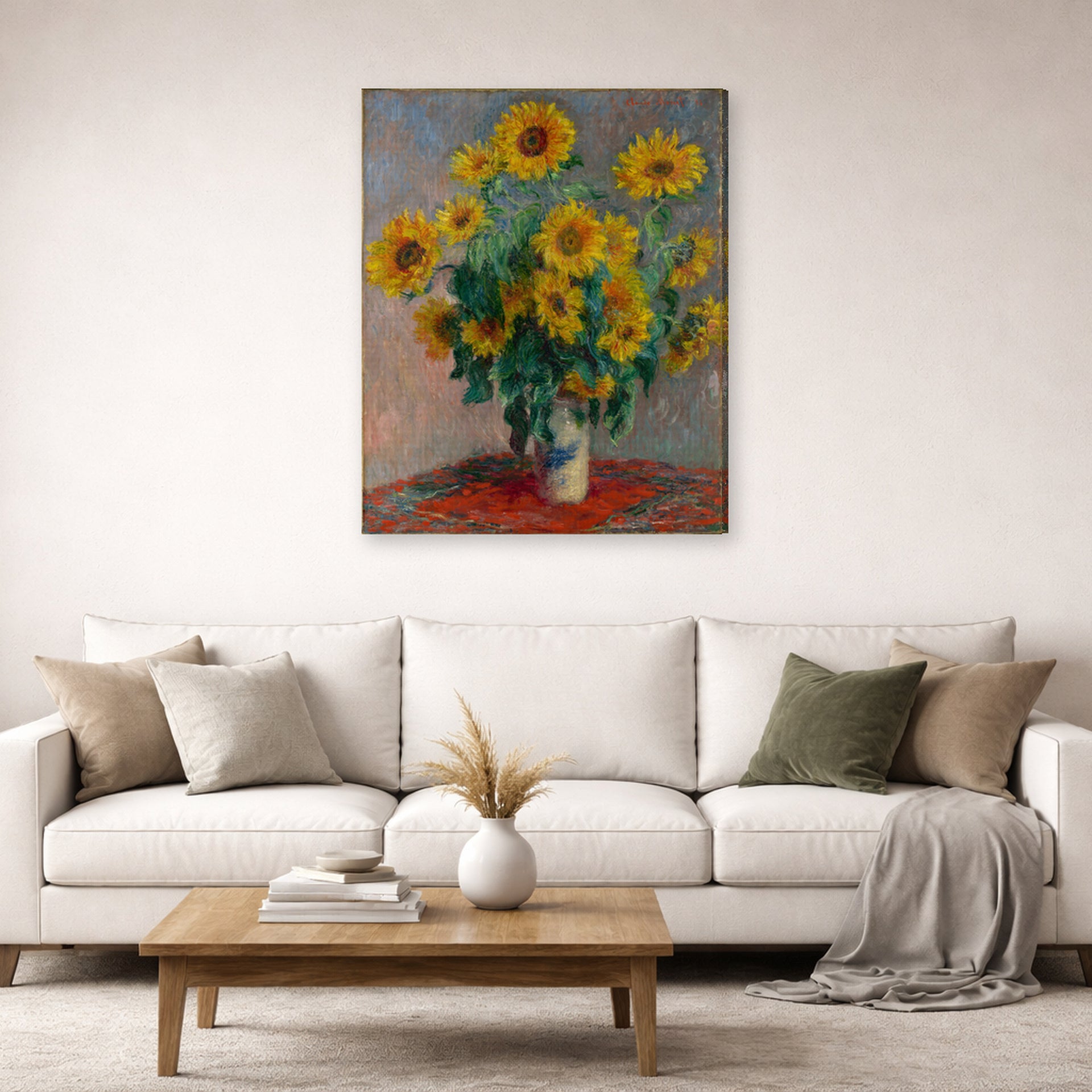Gallery-wrapped canvas print of Claude Monet's 'Bouquet of Sunflowers' displayed on a wall in a living room