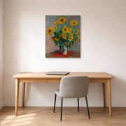Gallery-wrapped canvas print of Claude Monet's 'Bouquet of Sunflowers' displayed on a wall in a office