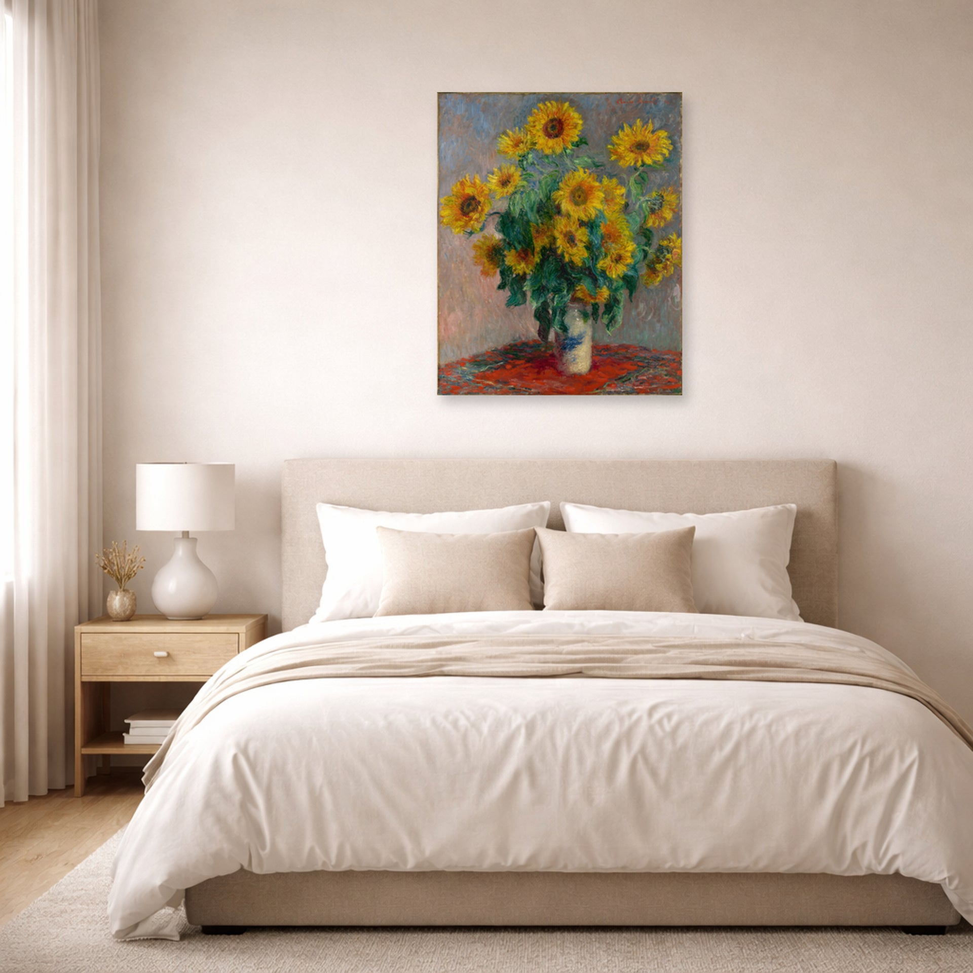 Unframed poster print of Claude Monet's 'Bouquet of Sunflowers' displayed on a wall in a bedroom