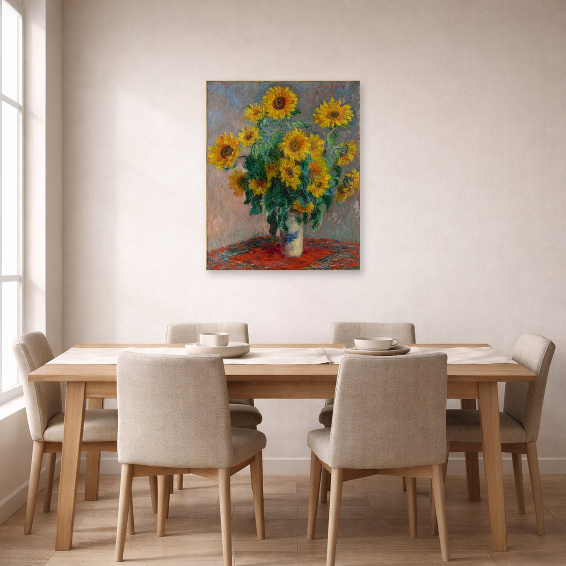 Unframed poster print of Claude Monet's 'Bouquet of Sunflowers' displayed on a wall in a dining room