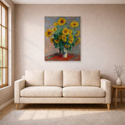 Unframed poster print of Claude Monet's 'Bouquet of Sunflowers' displayed on a wall in a living room
