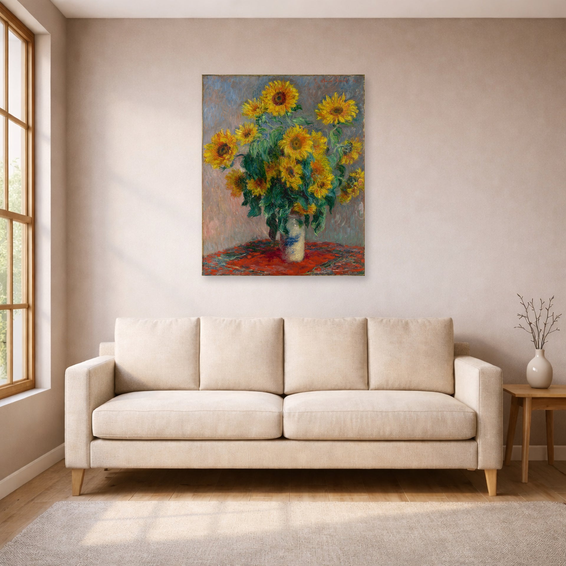 Unframed poster print of Claude Monet's 'Bouquet of Sunflowers' displayed on a wall in a living room