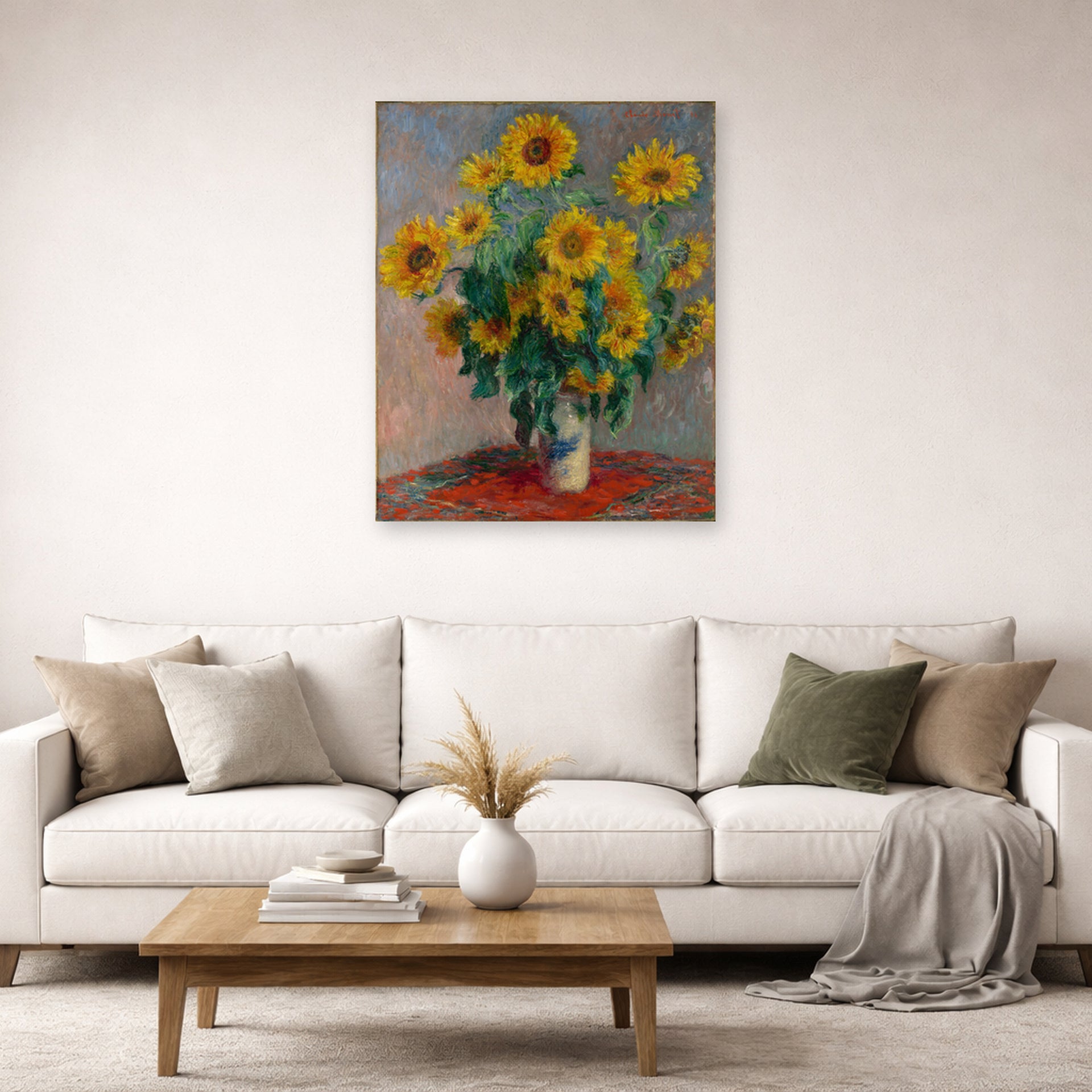 Unframed poster print of Claude Monet's 'Bouquet of Sunflowers' displayed on a wall in a living room
