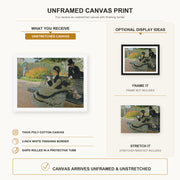 Claude Monet - Camille Monet on a Garden Bench canvas print size comparison and framing display infographic