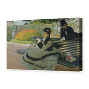Claude Monet's 'Camille Monet on a Garden Bench' painting reproduced as a gallery-wrapped canvas print