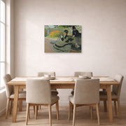 Gallery-wrapped canvas print of Claude Monet's 'Camille Monet on a Garden Bench' displayed on a wall in a dining room