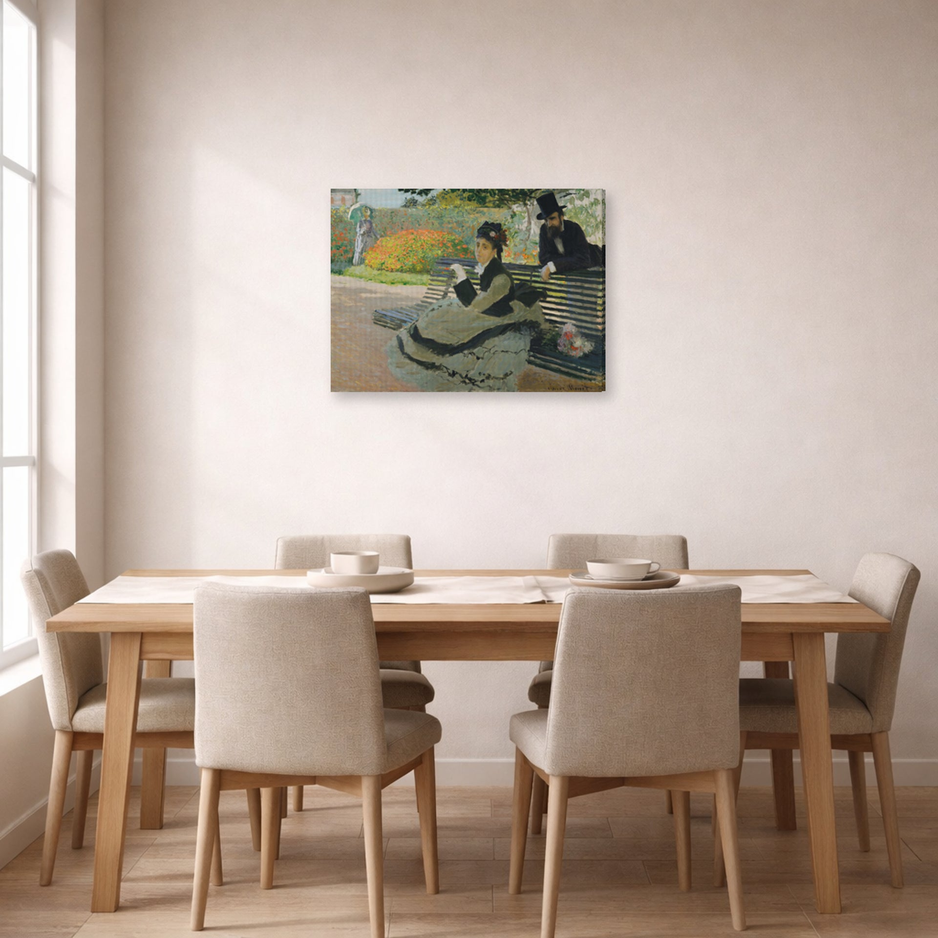 Gallery-wrapped canvas print of Claude Monet's 'Camille Monet on a Garden Bench' displayed on a wall in a dining room