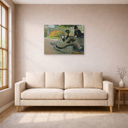 Gallery-wrapped canvas print of Claude Monet's 'Camille Monet on a Garden Bench' displayed on a wall in a living room