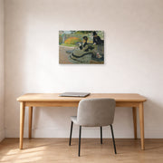 Gallery-wrapped canvas print of Claude Monet's 'Camille Monet on a Garden Bench' displayed on a wall in a office