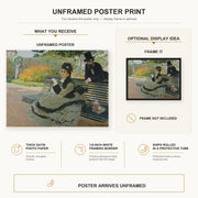 Claude Monet - Camille Monet on a Garden Bench poster print size comparison and framing display infographic