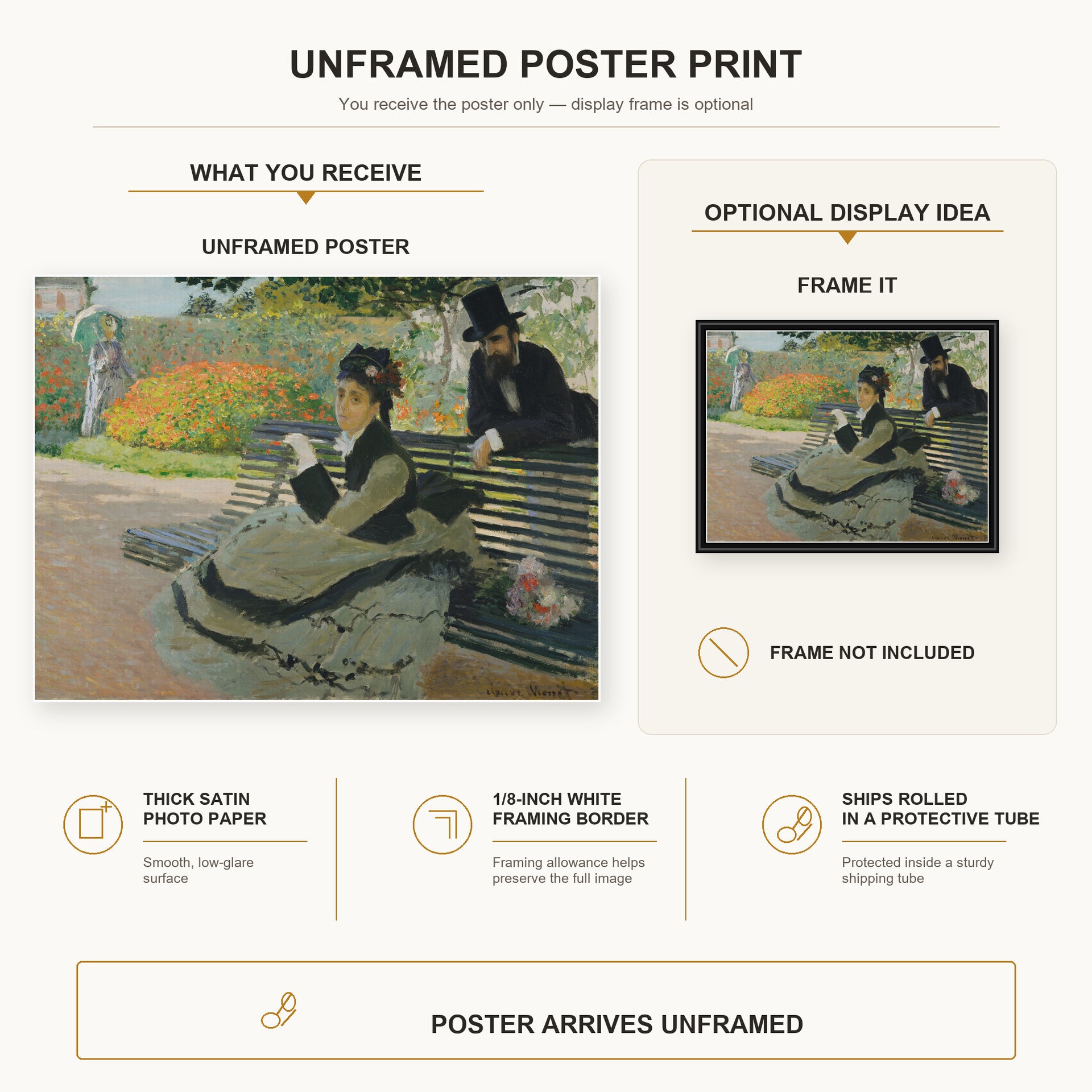 Claude Monet - Camille Monet on a Garden Bench poster print size comparison and framing display infographic