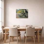 Unframed poster print of Claude Monet's 'Camille Monet on a Garden Bench' displayed on a wall in a dining room