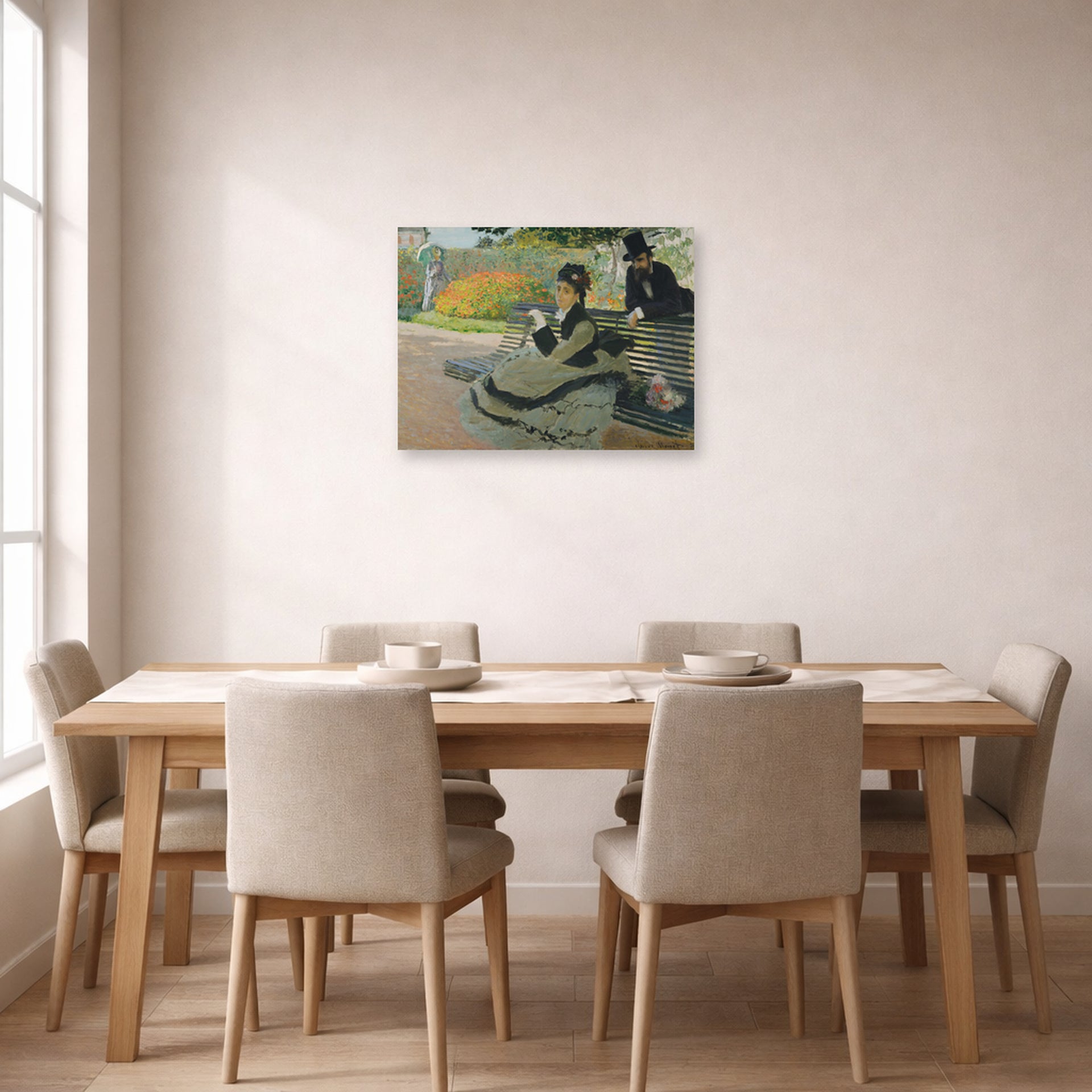 Unframed poster print of Claude Monet's 'Camille Monet on a Garden Bench' displayed on a wall in a dining room