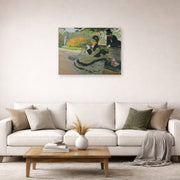Unframed poster print of Claude Monet's 'Camille Monet on a Garden Bench' displayed on a wall in a living room
