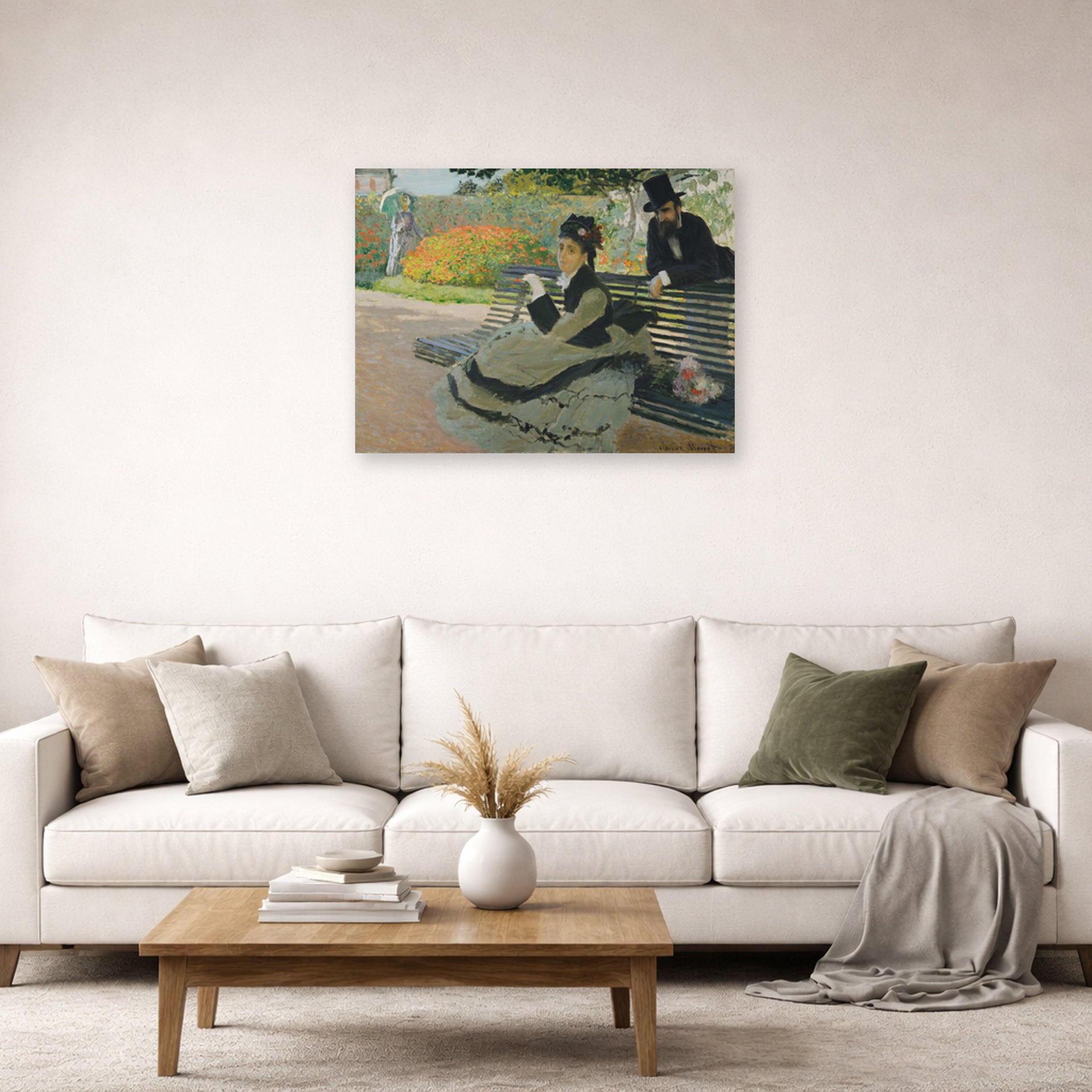 Unframed poster print of Claude Monet's 'Camille Monet on a Garden Bench' displayed on a wall in a living room