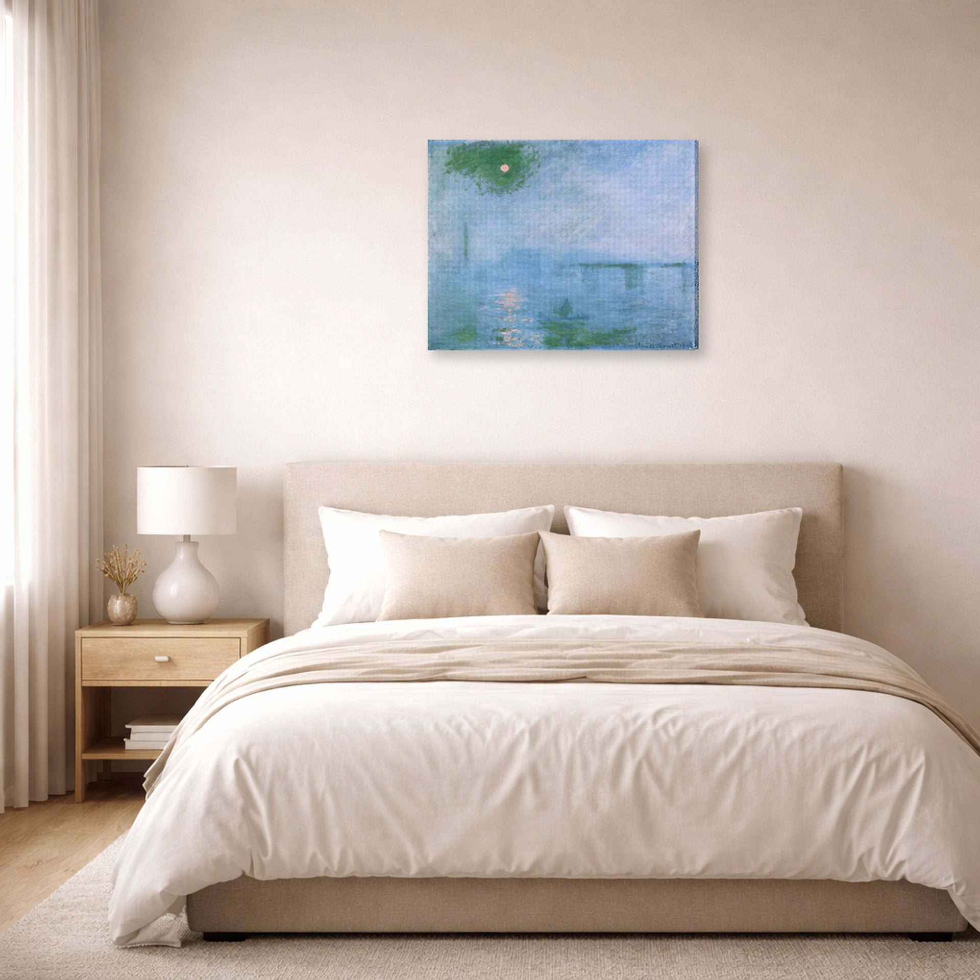 Gallery-wrapped canvas print of Claude Monet's 'Charing Cross Bridge' displayed on a wall in a bedroom