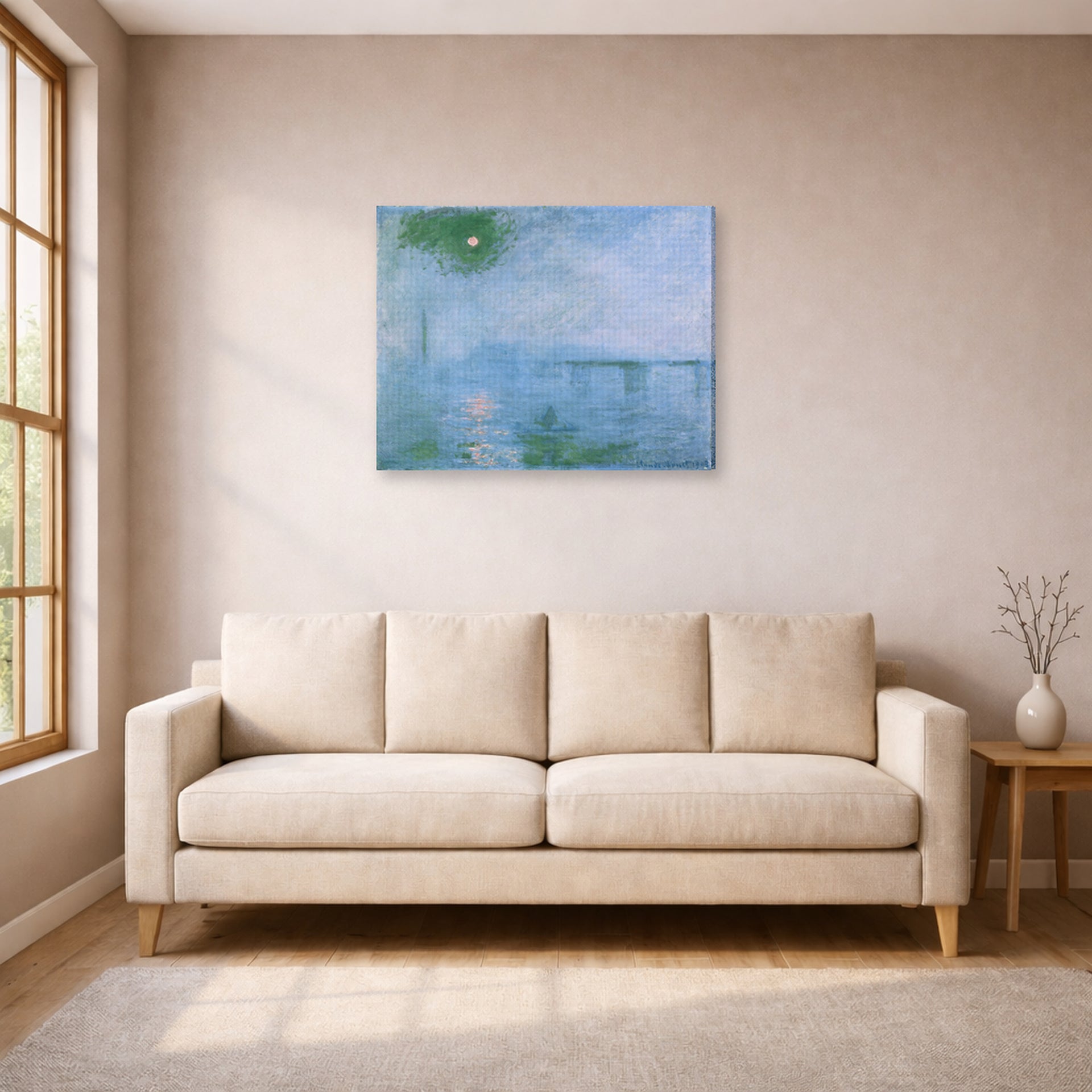 Gallery-wrapped canvas print of Claude Monet's 'Charing Cross Bridge' displayed on a wall in a living room