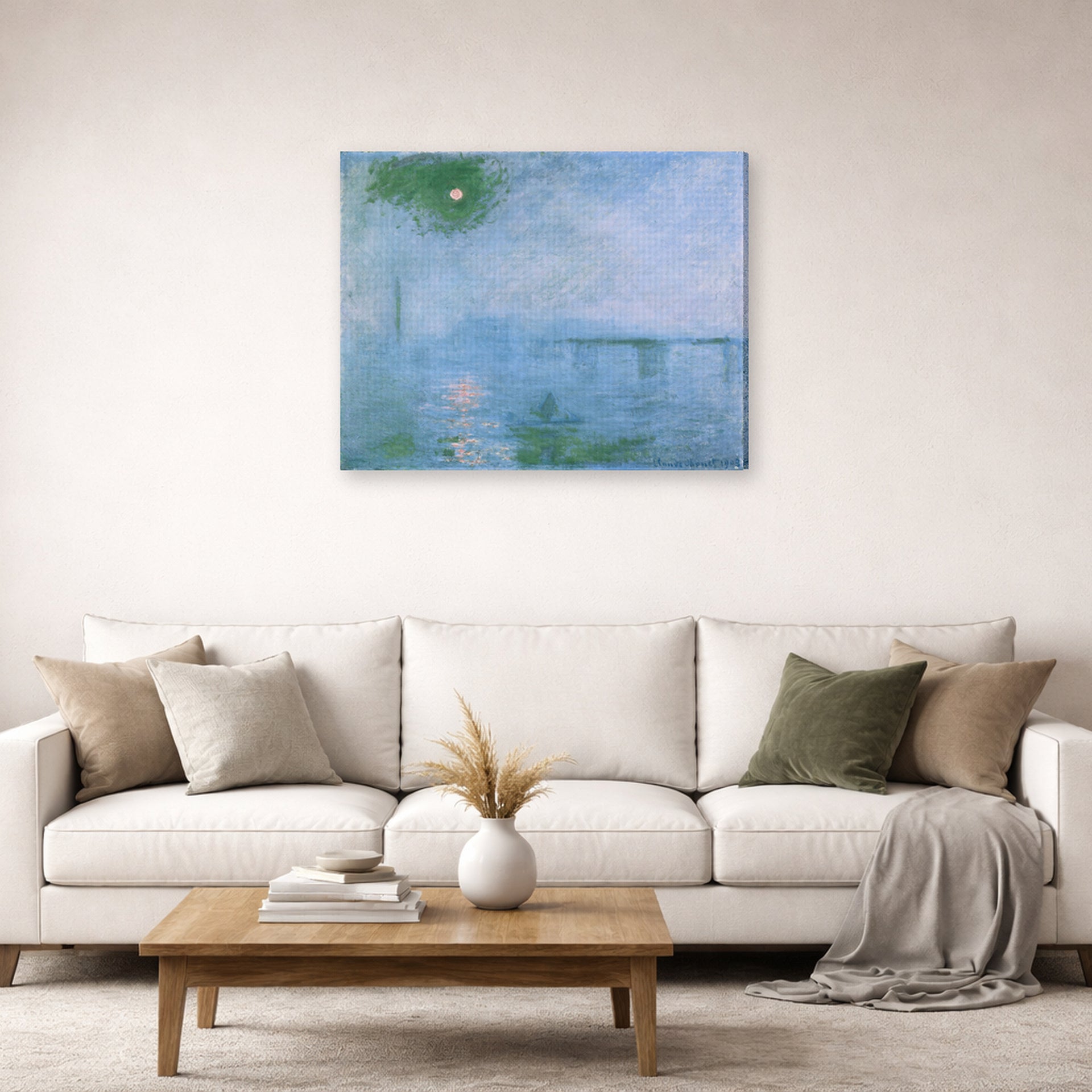 Gallery-wrapped canvas print of Claude Monet's 'Charing Cross Bridge' displayed on a wall in a living room