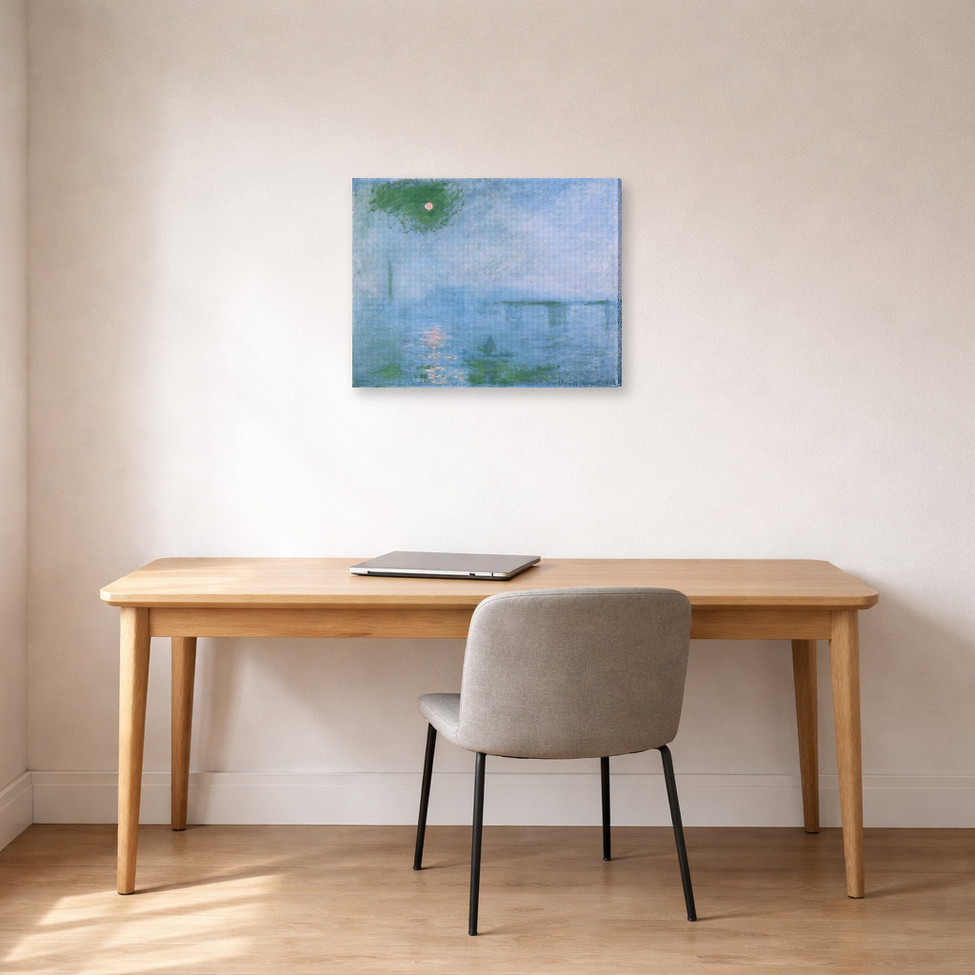 Gallery-wrapped canvas print of Claude Monet's 'Charing Cross Bridge' displayed on a wall in a office