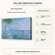 Claude Monet - Charing Cross Bridge gallery wrap canvas construction and hanging details infographic